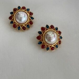 Pearl and gemstone starburst clip on gold earrings